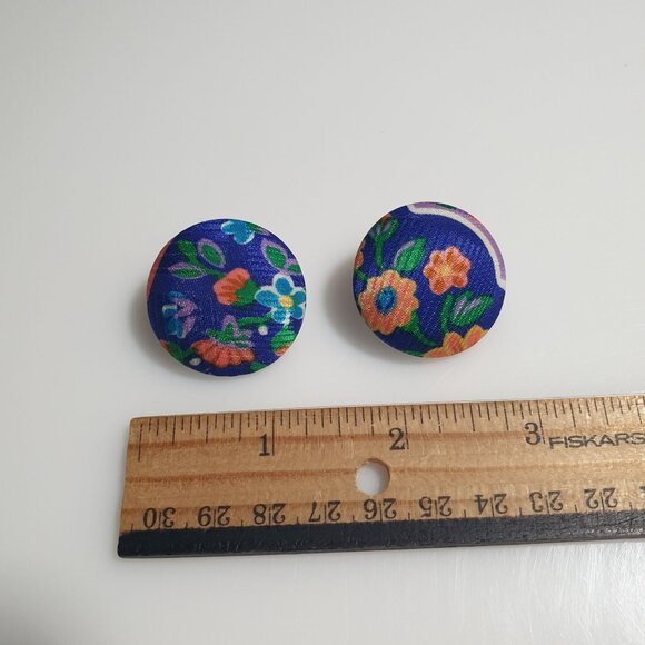 Fabric Button Clip On Earrings Colorful Floral Metal Backing Gift Grandma Core - Picture 2 of 4